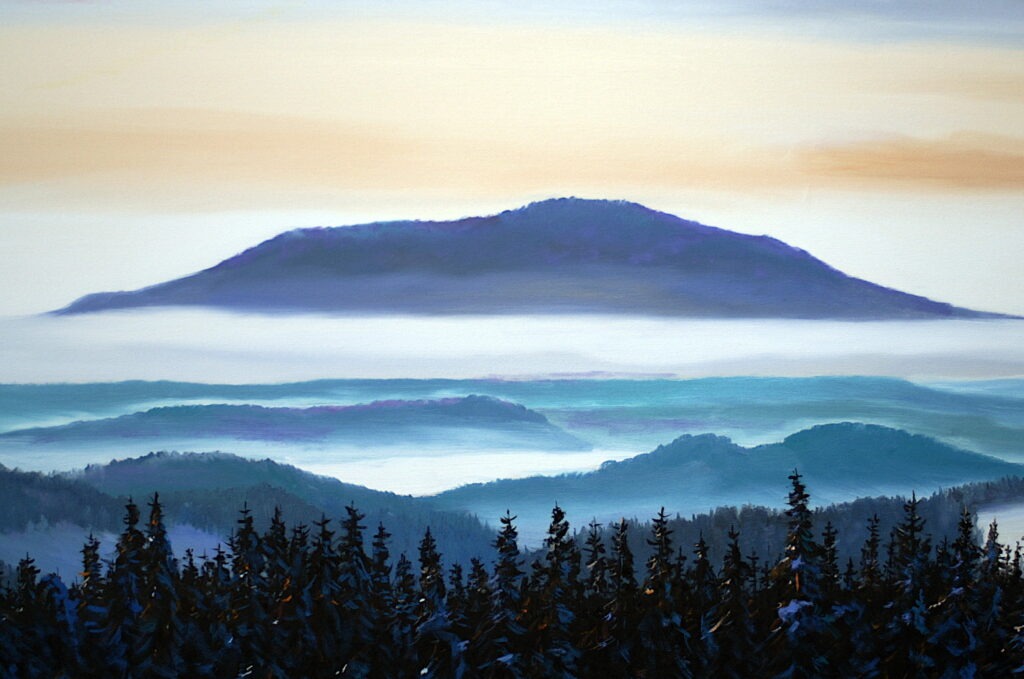 SONNENAUFGANG, Gleichberge von Osten im Winter von Martin Eller, WVZ 11-25 Nr. 1937, Öl auf Leinwand 110 x 150 cm - Detail - Galerie Alte Schule